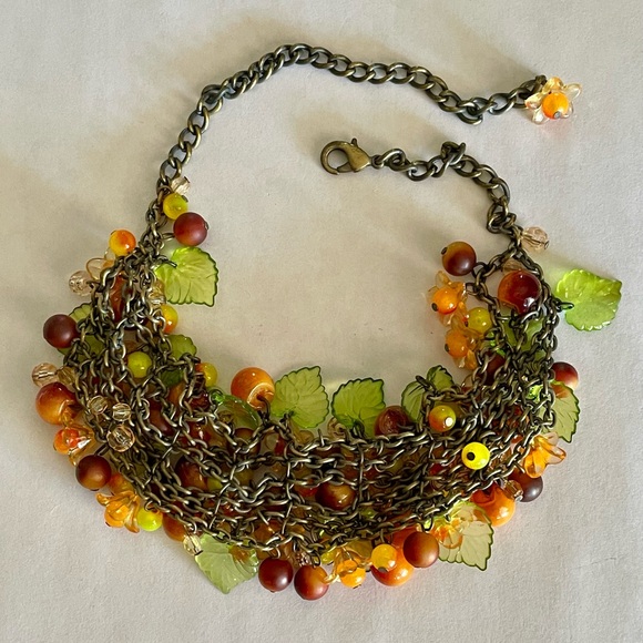 Vintage Lucite and Brass Fruit and Flora Necklace and Earrings Set Cha Cha Style - Picture 4 of 9